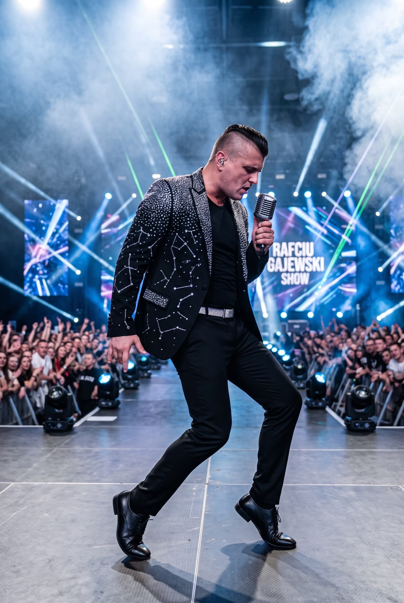 Rafciu Gajewski na scenie w marynarce z kryształowymi konstelacjami